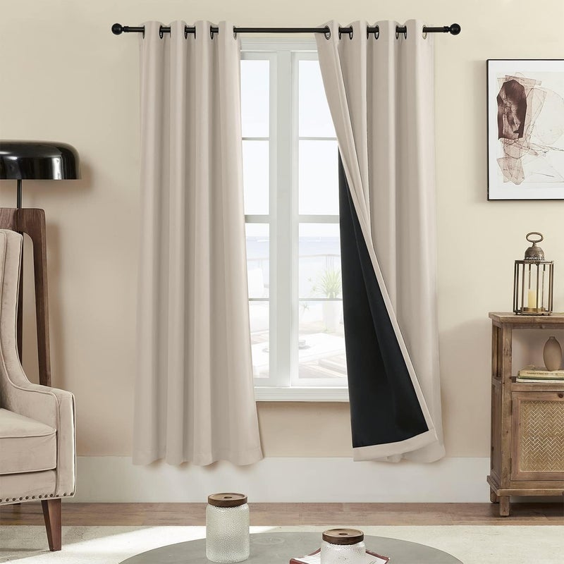 Rutterllow 100% Blackout Curtains for Bedroom 52Wx72L Inch, Energy Efficiency Full Shading Window Curtain Panels, Heat and Light Blocking Soundproof Draperies for Living Room/Cafe (1 Pair, Beige) - Image 1